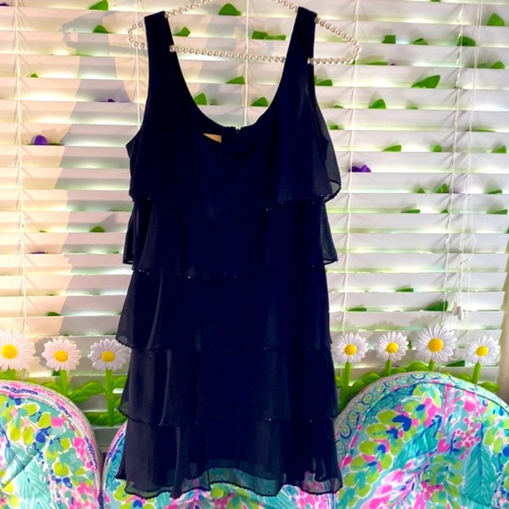 Patra black cascading chiffon ruffle dress with beaded edges